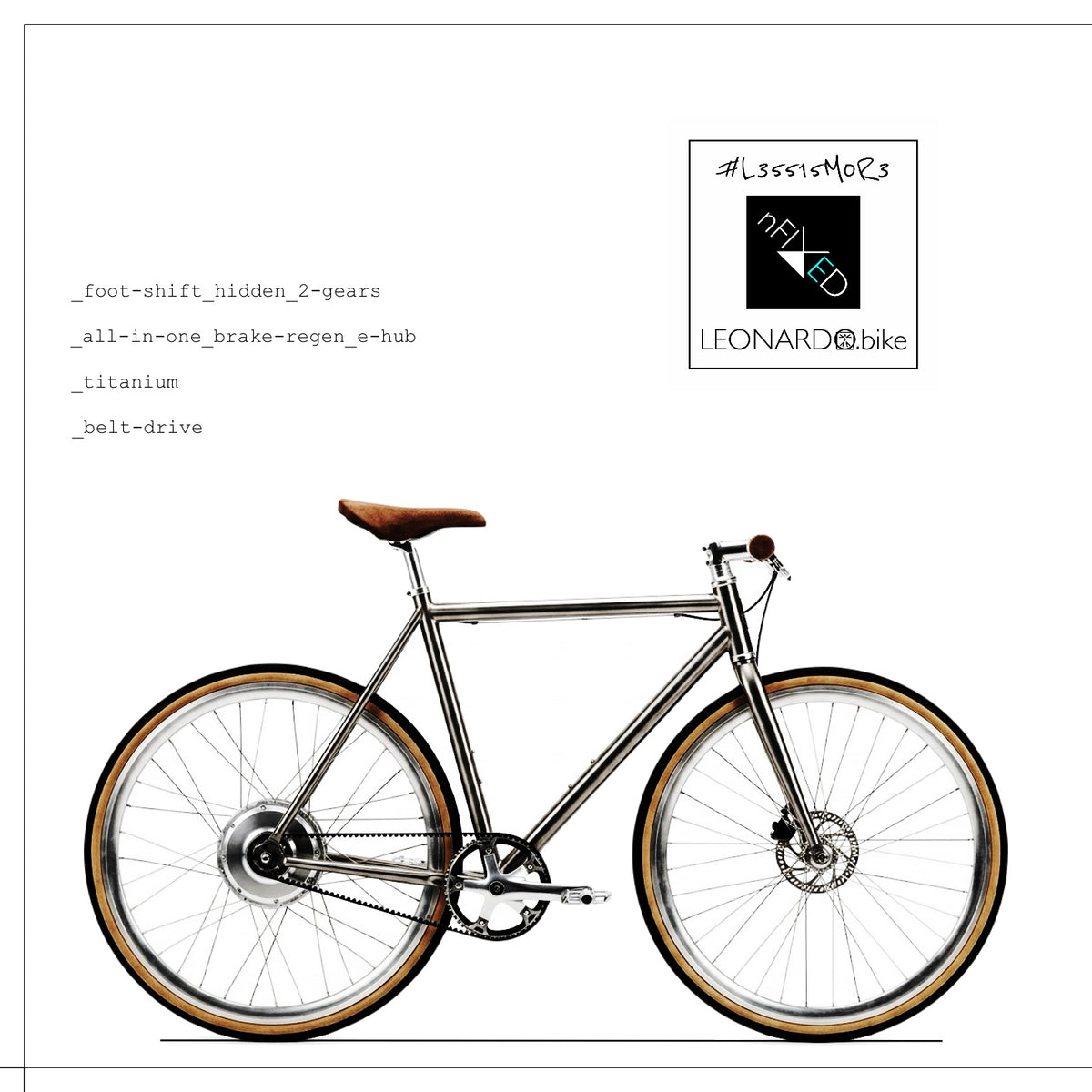 A side-view illustration of a metallic silver bicycle with brown leather saddle and tan sidewall tires, shown on a white background with feature text and a Leonardo bike logo in the upper right.