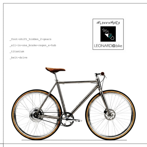A side-view illustration of a metallic silver bicycle with brown leather saddle and tan sidewall tires, shown on a white background with feature text and a Leonardo bike logo in the upper right.