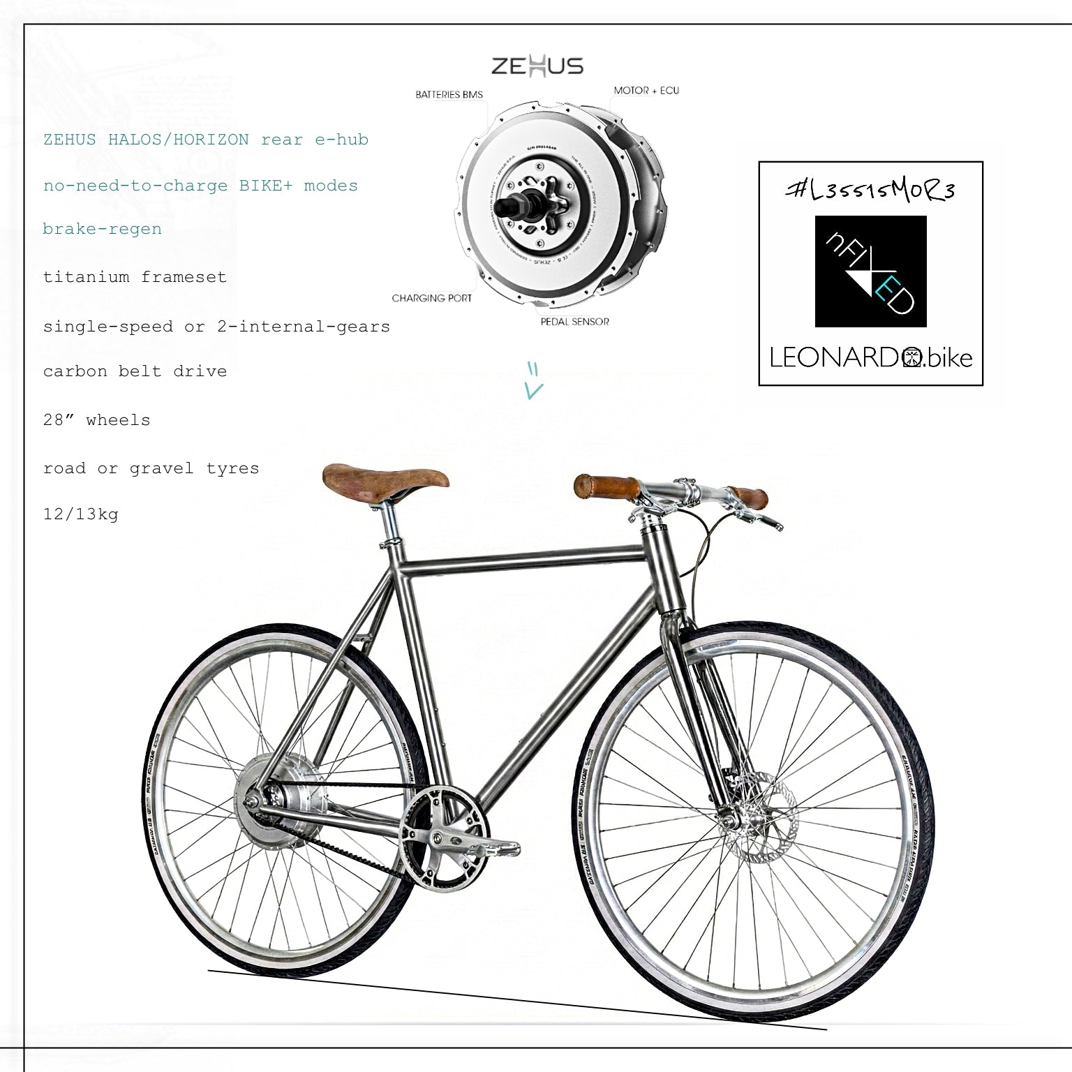 GEN3.ZEHUS/HORIZON "E-LEONARDO" BELT-DRIVE TITANIUM BIKE/E-BIKE/E-BIKE+ NFIXED.COM  #L35515M0R3