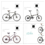 A four-panel product collage showing multiple views and color variants of a folding bicycle on a white background, with small text and a LEONARDO.BIKE logo in each panel.