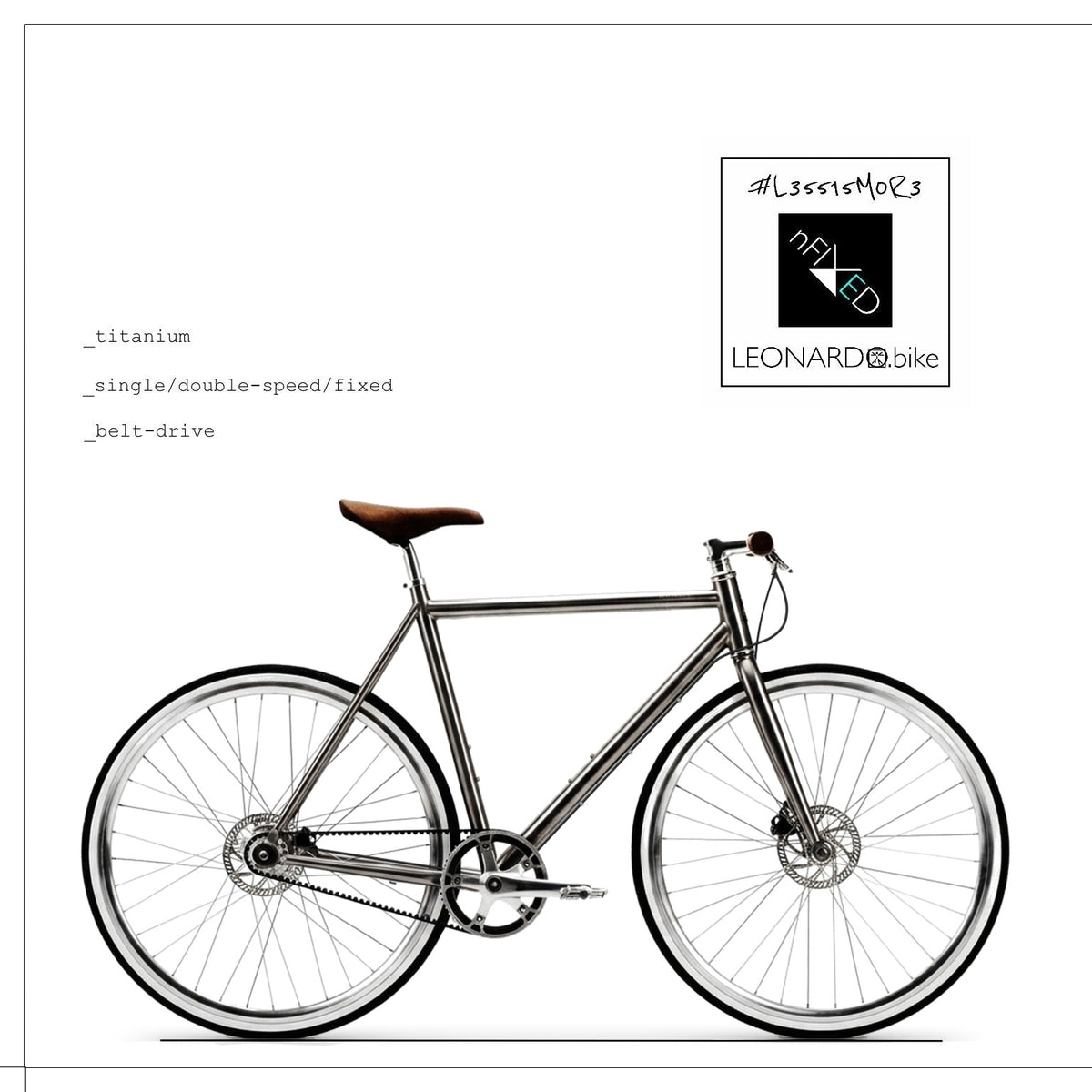 Leonardo:Pura titanium belt-drive bike, side view, with brown saddle