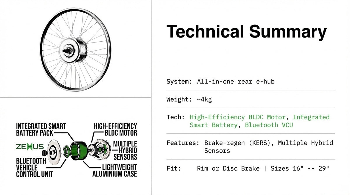 Technical summary graphic of an all-in-one rear e-hub with motor, battery, sensors, KERS and brake options