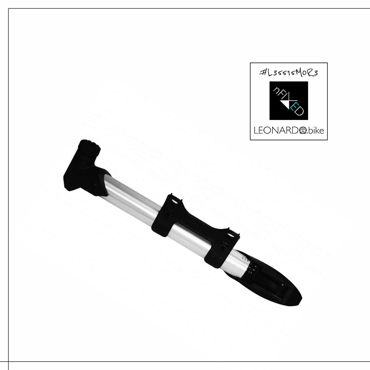 Black and silver alloy mini bicycle pump with dual head and fold-over handle