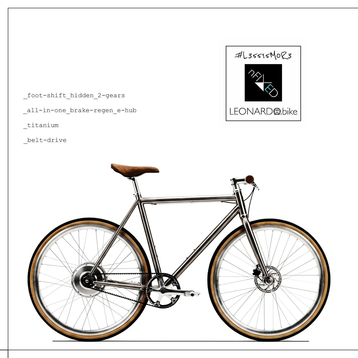 2-speed E:Leonardo titanium e-bike with Gen3 Zehus rear hub, brown saddle and tan-wall tyres
