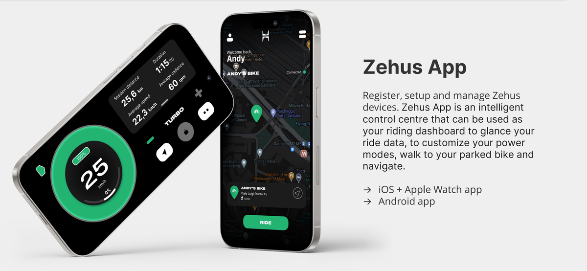 Two smartphones displaying an e-bike control app with ride data, power modes, navigation and device management.