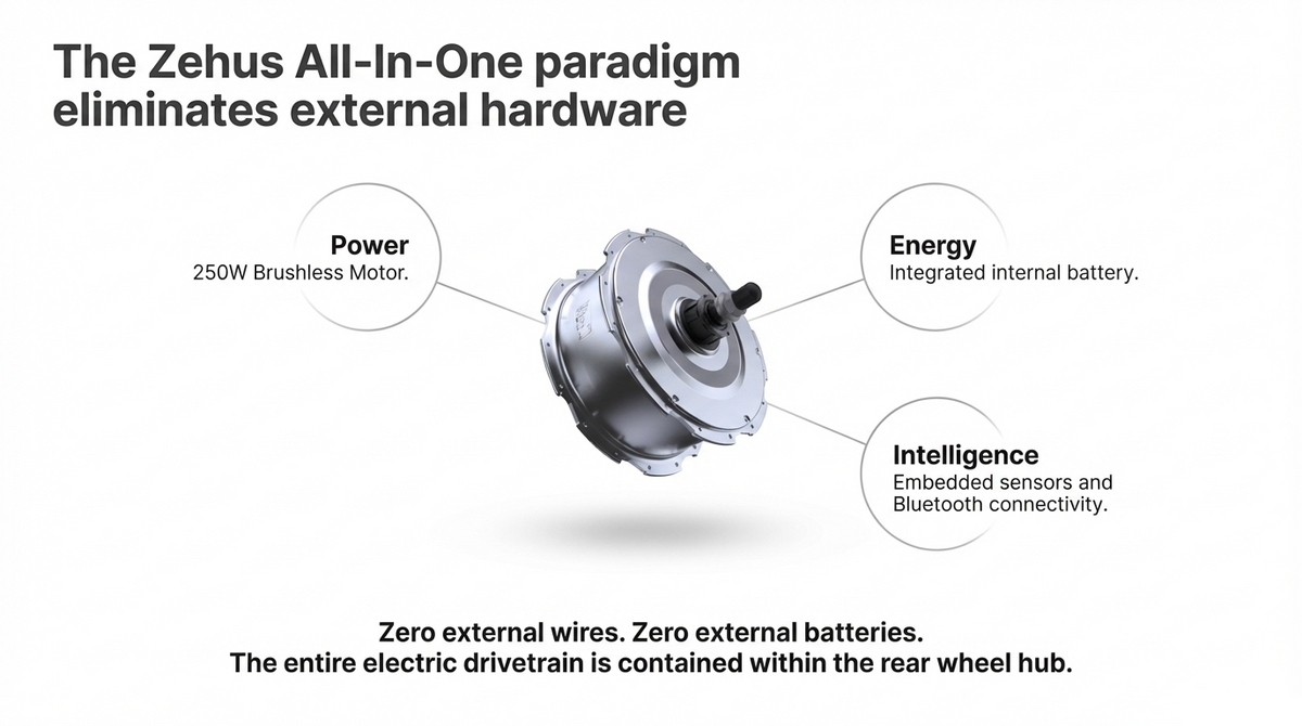 Technical diagram of an electric bicycle rear hub motor with integrated battery, embedded sensors, and Bluetooth connectivity