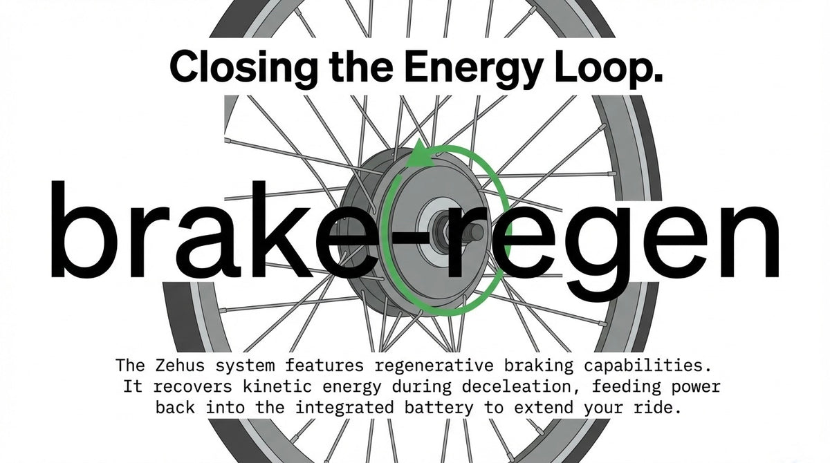 Graphic of an electric bicycle rear wheel hub showing regenerative braking recovering kinetic energy to recharge the integrated battery
