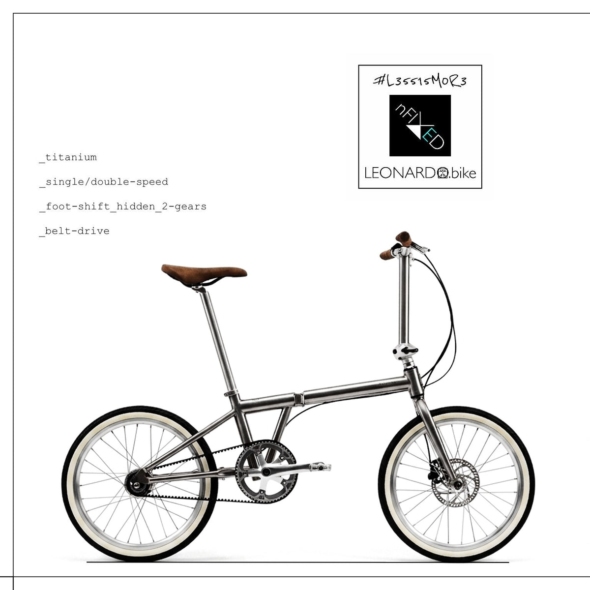 Foldi.Leo:Pura titanium folding bike with belt drive and brown saddle, side view