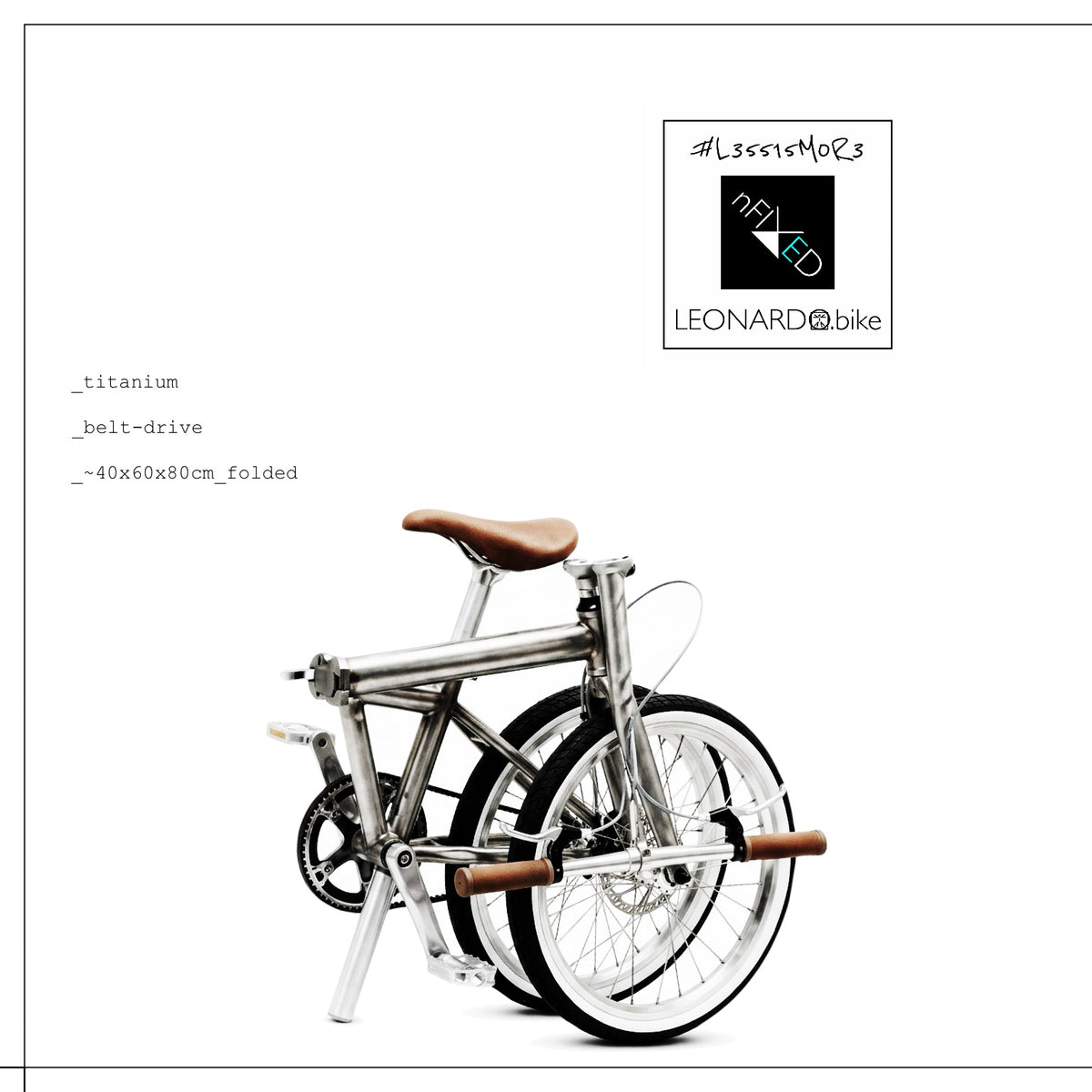 Titanium belt-drive folding electric bicycle shown folded on a white background with brown saddle and handlebars