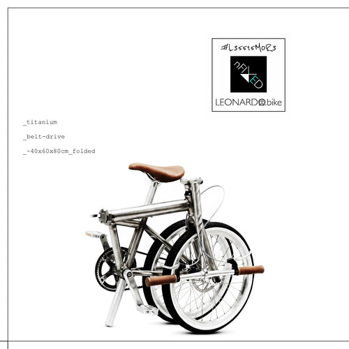Titanium belt-drive folding electric bicycle shown folded on a white background with brown saddle and handlebars