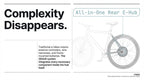 Illustration of a bicycle with an integrated rear e-hub replacing the external controller, wiring and frame-mounted battery.