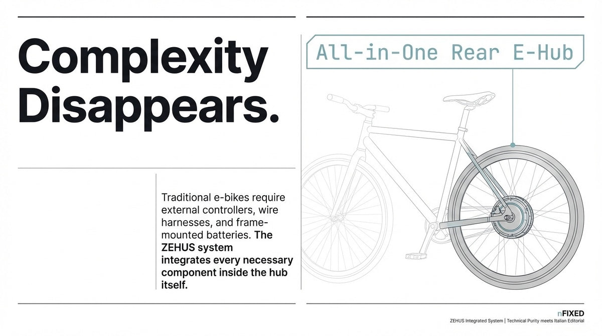 Illustration of a bicycle with an integrated rear e-hub replacing the external controller, wiring and frame-mounted battery.