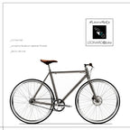 Side profile of a titanium LEONARDO:PURA bicycle with brown saddle, black handlebars and brown belt drive on white
