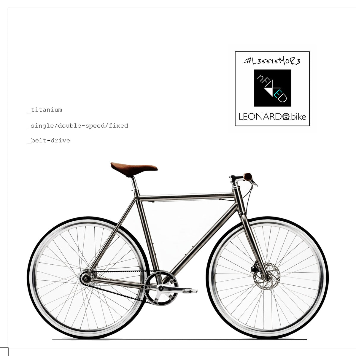 A side-profile studio shot of a titanium fixed-gear bicycle with a brown saddle, black handlebars, and a brown leather belt drive, set against a white background with technical text and a brand logo.