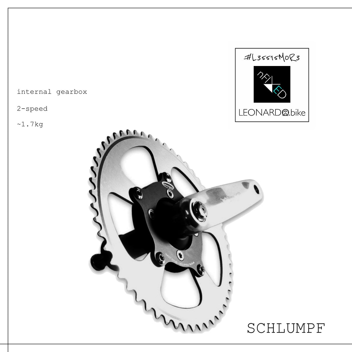 SCHLUMPF two-speed internal bicycle gearbox with chainring and crank arm on a white background