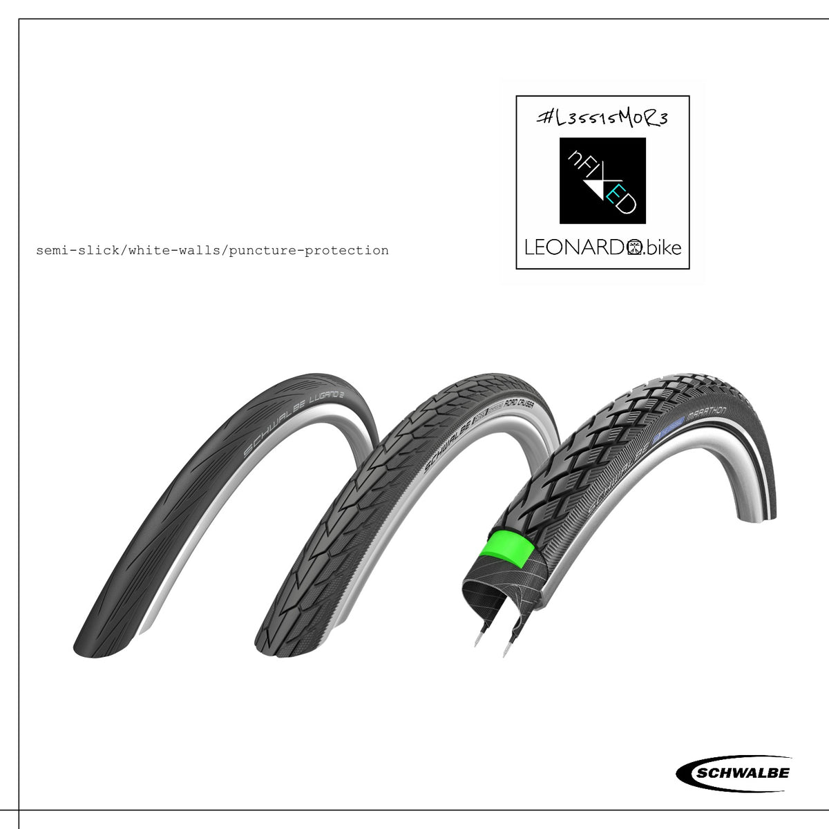 Three Schwalbe bicycle tyres with different tread patterns, including one with a green band, arranged on a white background