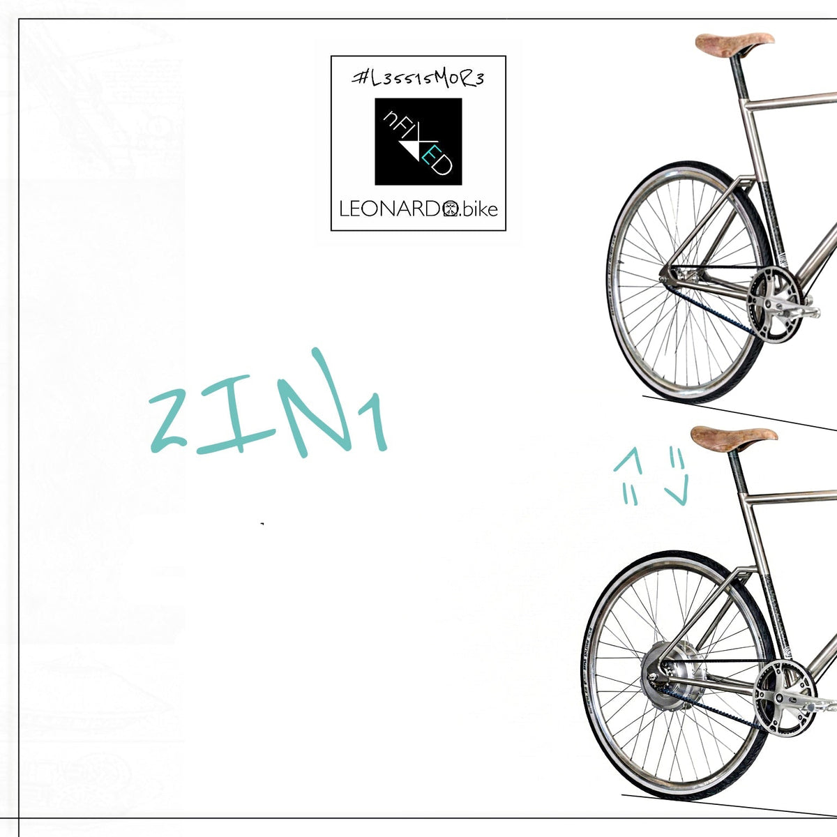 Illustration comparing a standard bicycle rear wheel with an all-in-one electric rear wheel conversion in two configurations