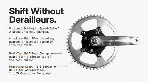 Two-speed bicycle crankset with silver chainring and black planetary gearbox on a white background.