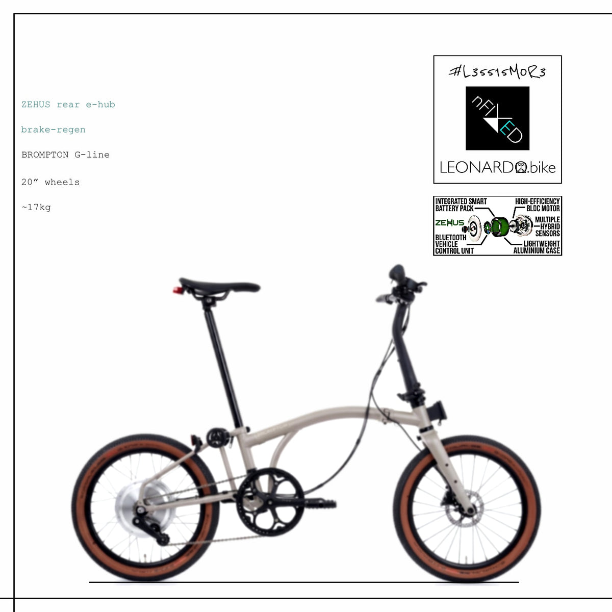 White ZEHUS Brompton G-Line folding e-bike with brown tyres, rear hub motor and front disc brake on a white background.