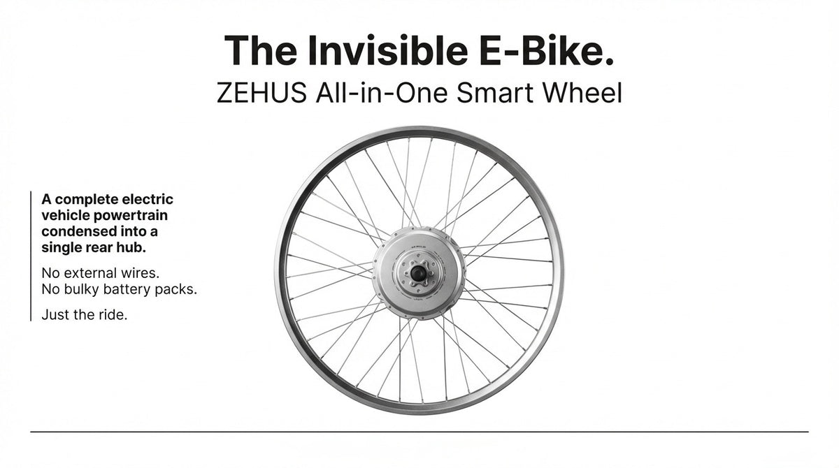 ZEHUS Gen3 all-in-one smart rear wheel with integrated hub motor, presented as an invisible e-bike with no external wires
