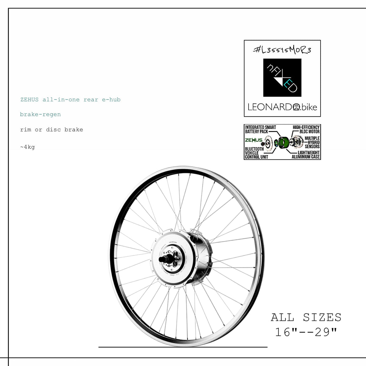 ZEHUS Gen3 all-in-one rear e-conversion smart wheel shown with size range and technical specification graphics on white