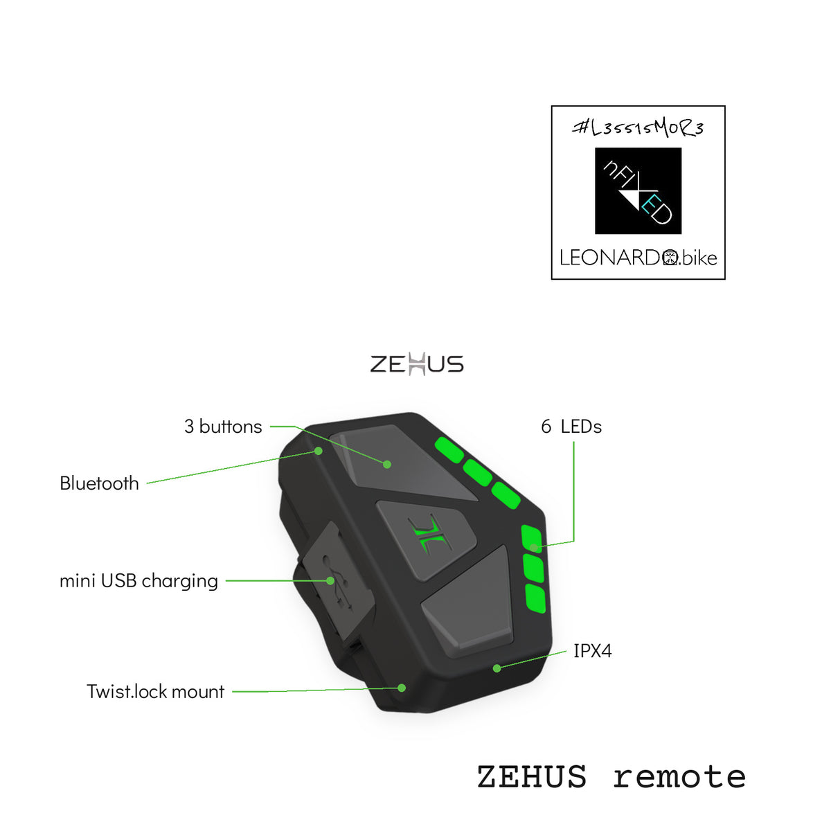 Zehus remote controller with 3 buttons and 6 LEDs