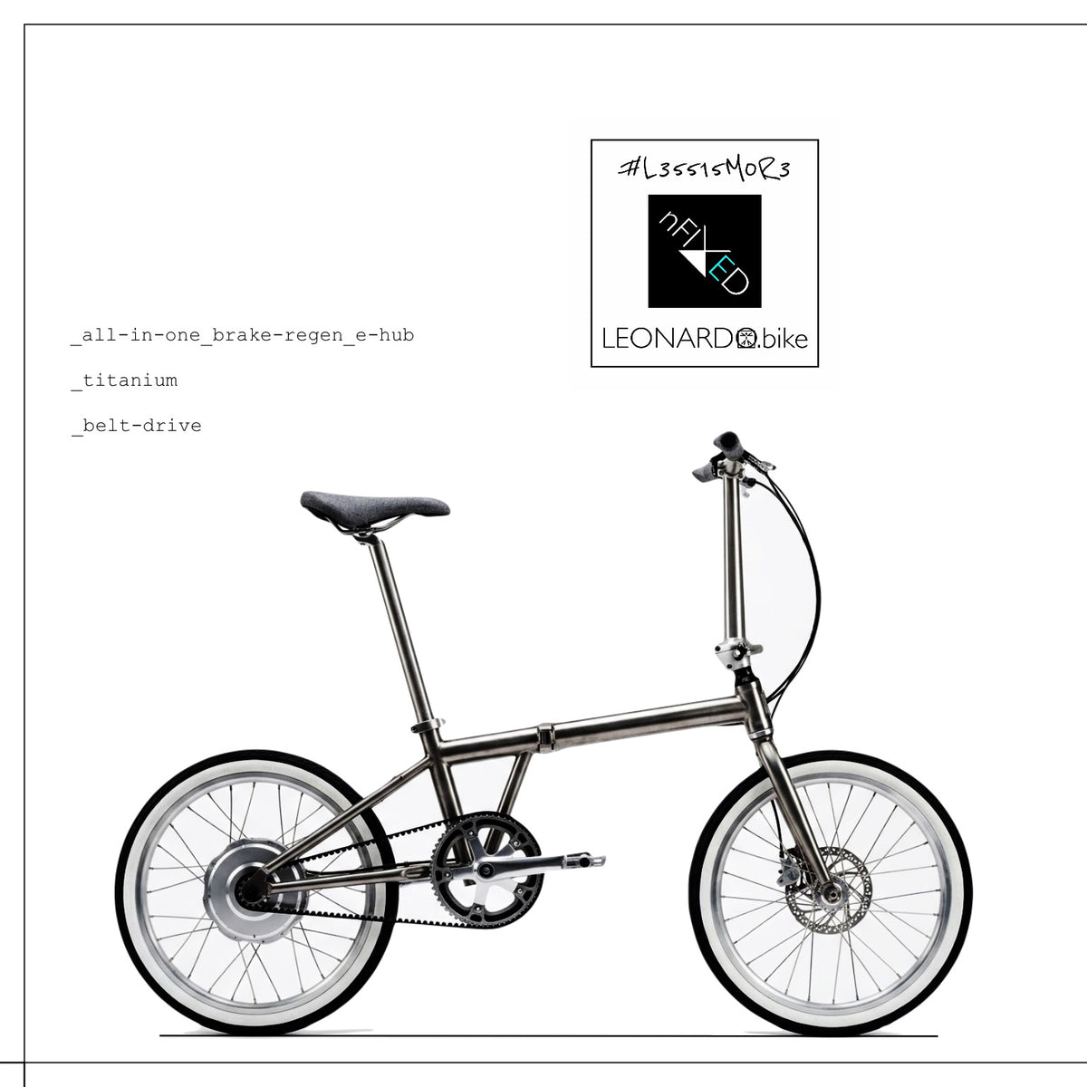 A metallic silver folding bicycle shown in side profile on a white background, with a black saddle, black tires, and silver spokes. A small logo for Leonardo bike appears in the upper right, and text in the upper left references all-in-one brake regen e-bub, titanium, and belt-drive.