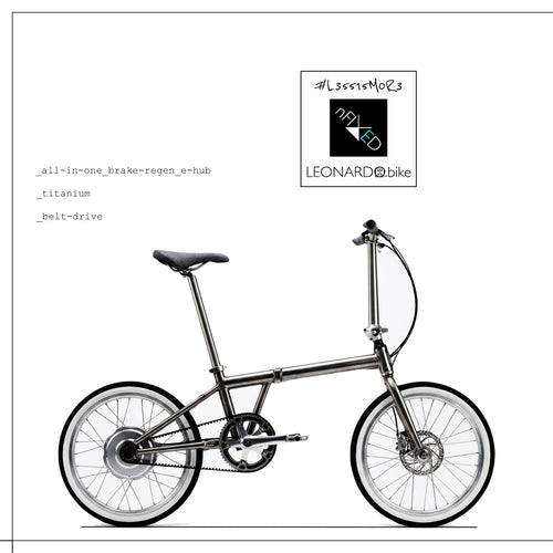 A metallic silver folding bicycle shown in side profile on a white background, with a black saddle, black tires, and silver spokes. A small logo for Leonardo bike appears in the upper right, and text in the upper left references all-in-one brake regen e-bub, titanium, and belt-drive.